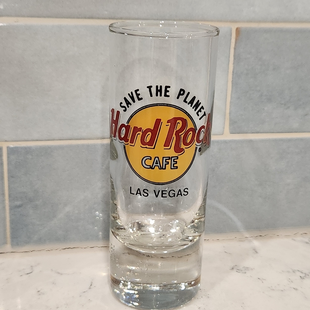 Hard Rock Cafe Tall Shot Glass Las Vegas Nevada black letters 2.5 oz 5" tall